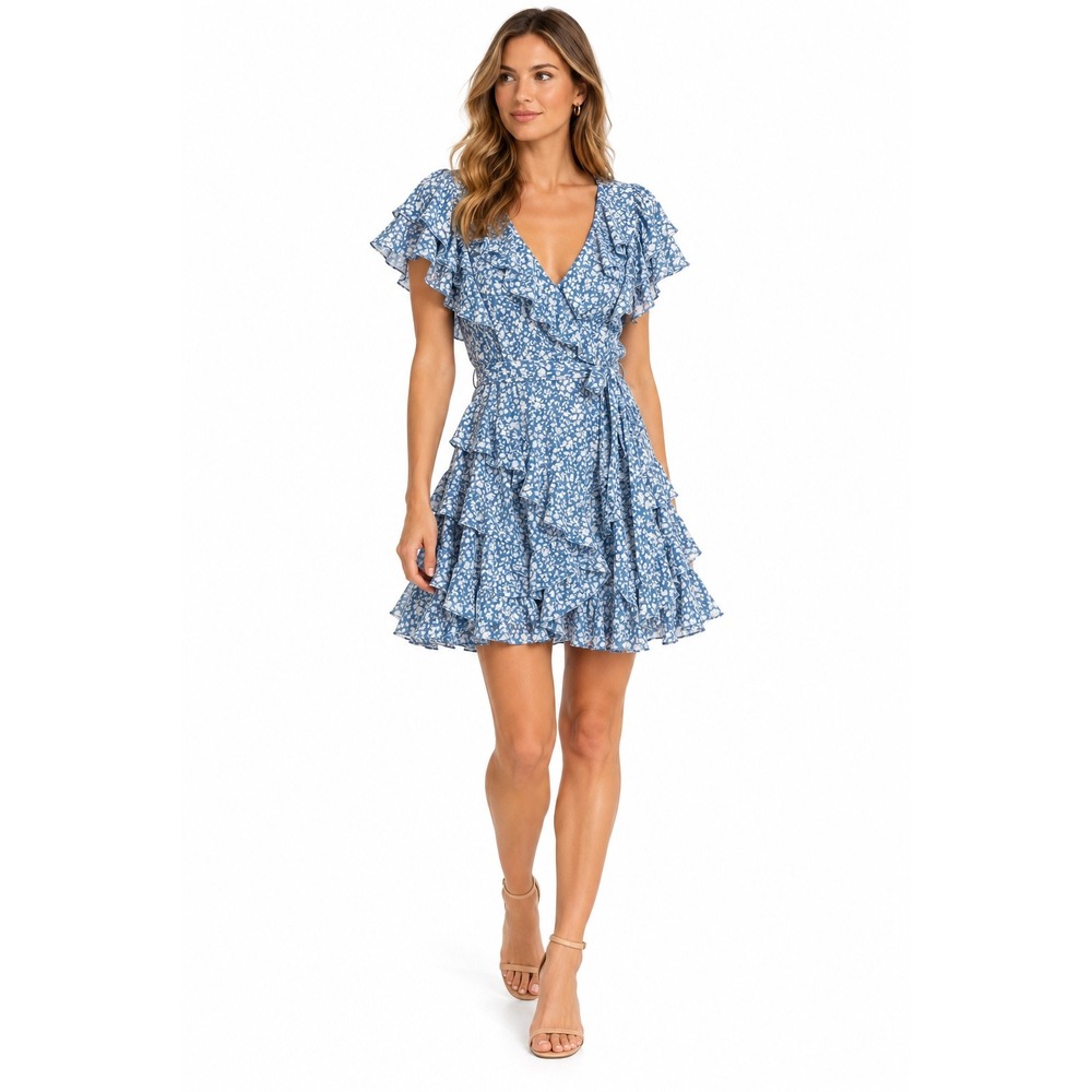 Lauren Ralph Lauren Dress Womens 14 Blue Floral Ruffle Tiered V-Neck Mini Frock